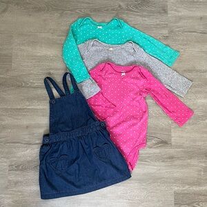 Carter’s 4-piece bundle: 3 long sleeve onesies with a skirt jumper. Sz 18m